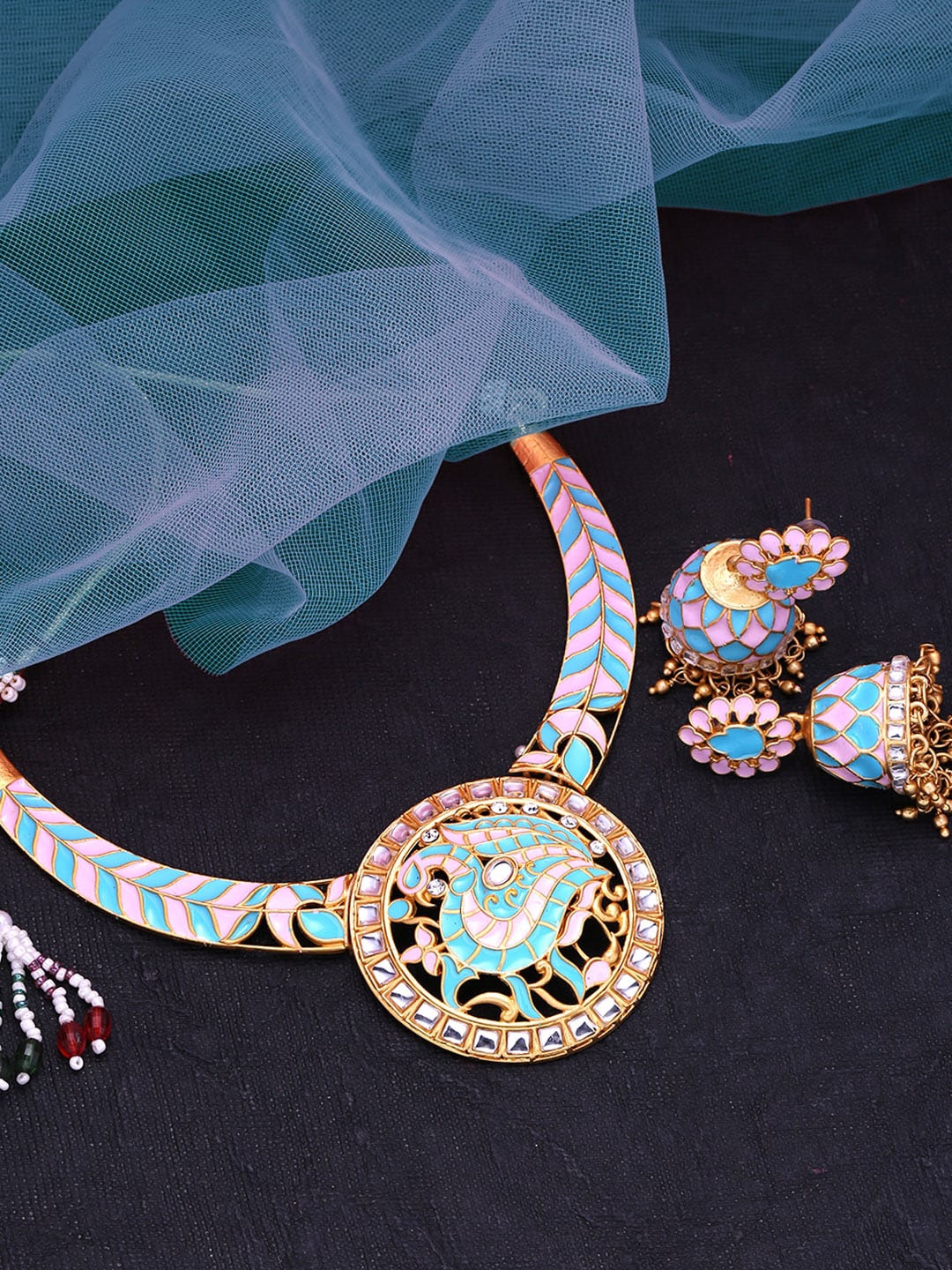 

Yellow Chimes Women Blue Meenakari Hand-painted Gold-toned Necklace Set
