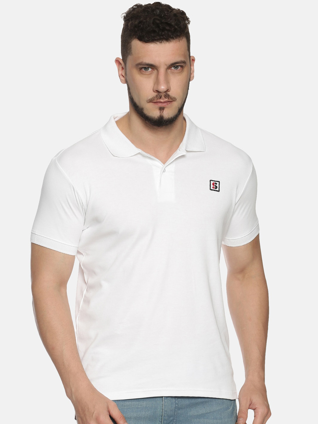 

Steenbok Men White Solid Polo Collar Pure Cotton T-shirt