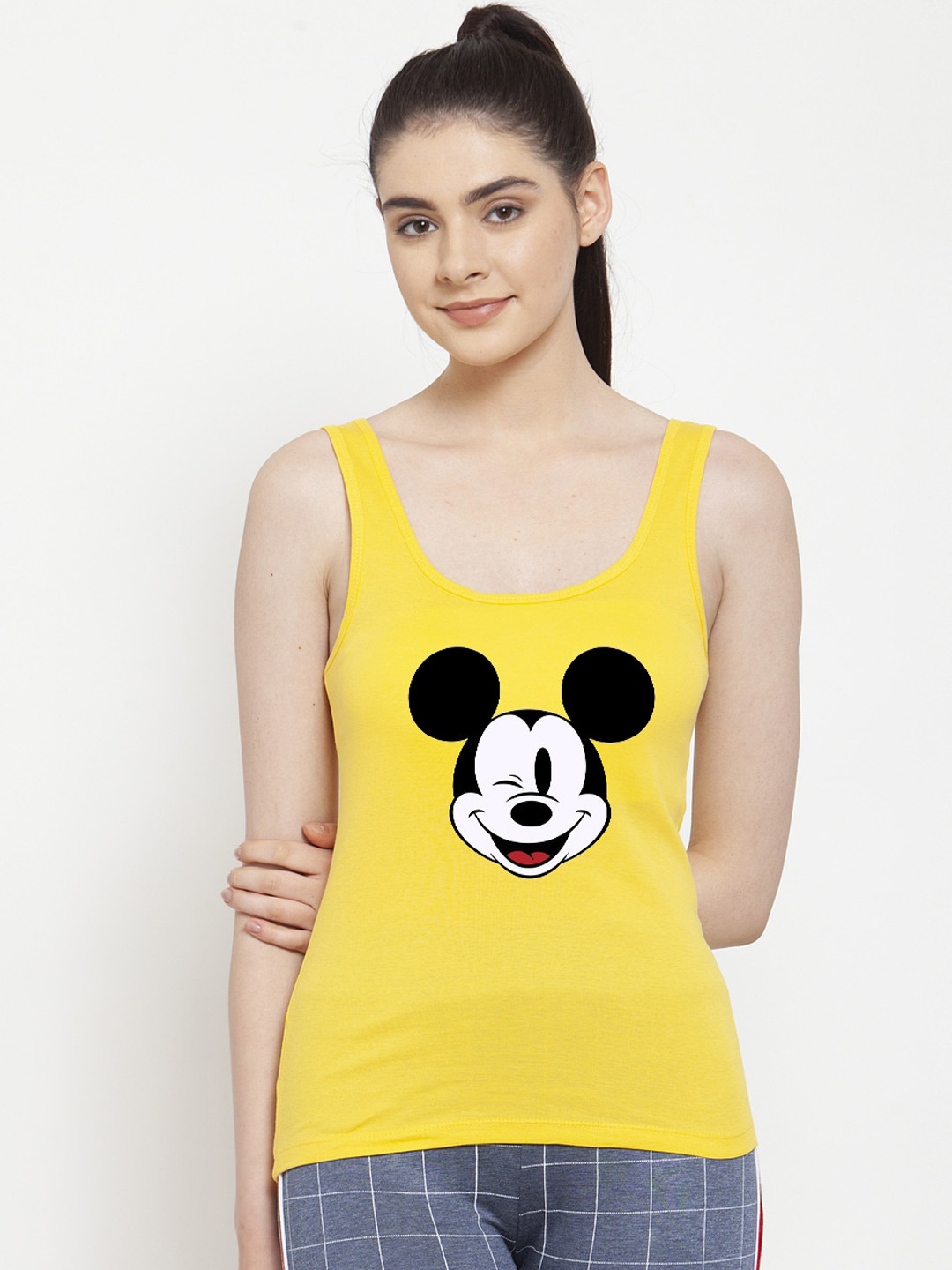 

Friskers Women Yellow & Black Mickey Mouse Printed Tank Pure Cotton Top
