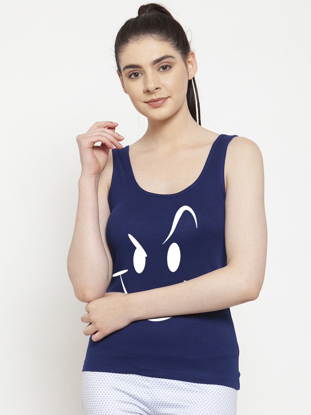 

Friskers Women Navy Blue Printed Tank Pure Cotton Top