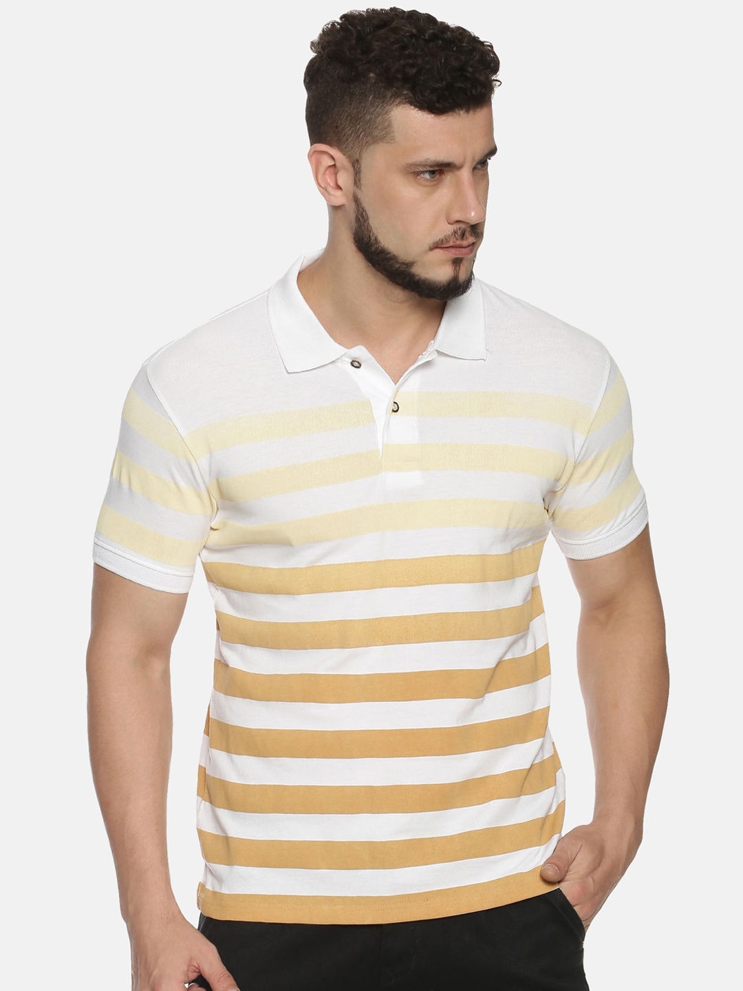 

Steenbok Men White Striped Polo Collar Pure Cotton T-shirt