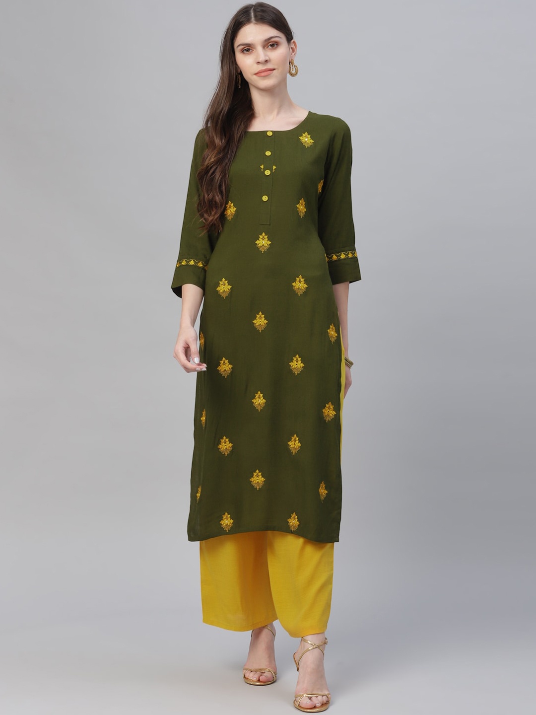 

Libas Women Olive Green & Yellow Embroidered Kurta with Palazzos