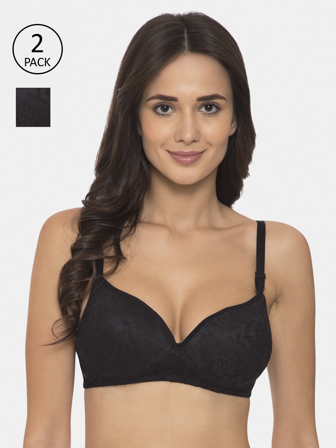 

KOMLI Black Self Design Non-Wired Heavily Padded T-shirt Bra