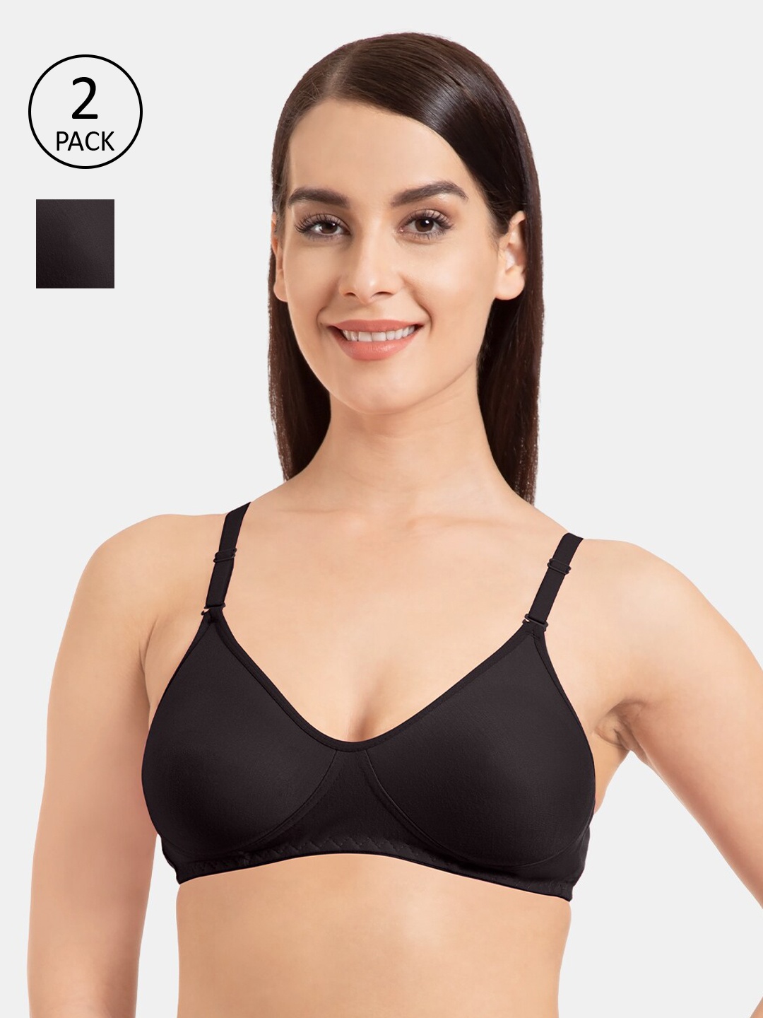

KOMLI Pack Of 2 Black Solid Non-Wired Non Padded Everyday Bra K-9103-2PC-BLK-30B