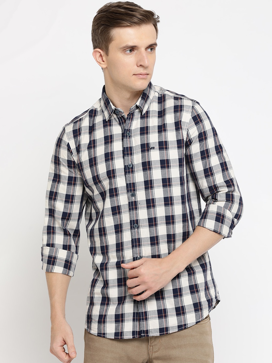 

Lee Men Navy Blue & White Slim Fit Checked Casual Shirt