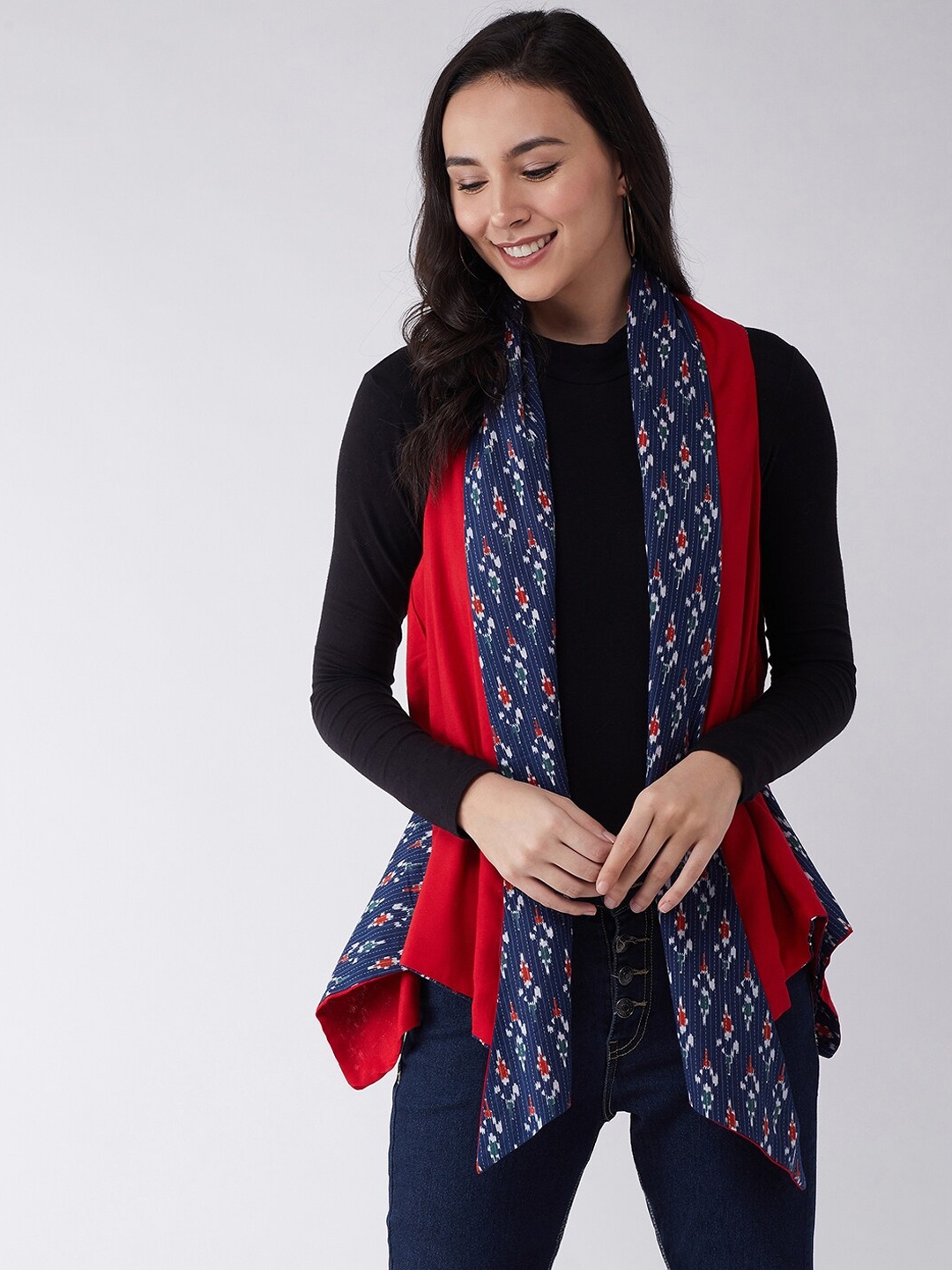 

InWeave Women Blue & Red Ikkat Printed Reversible Open Front Fusion Shrug