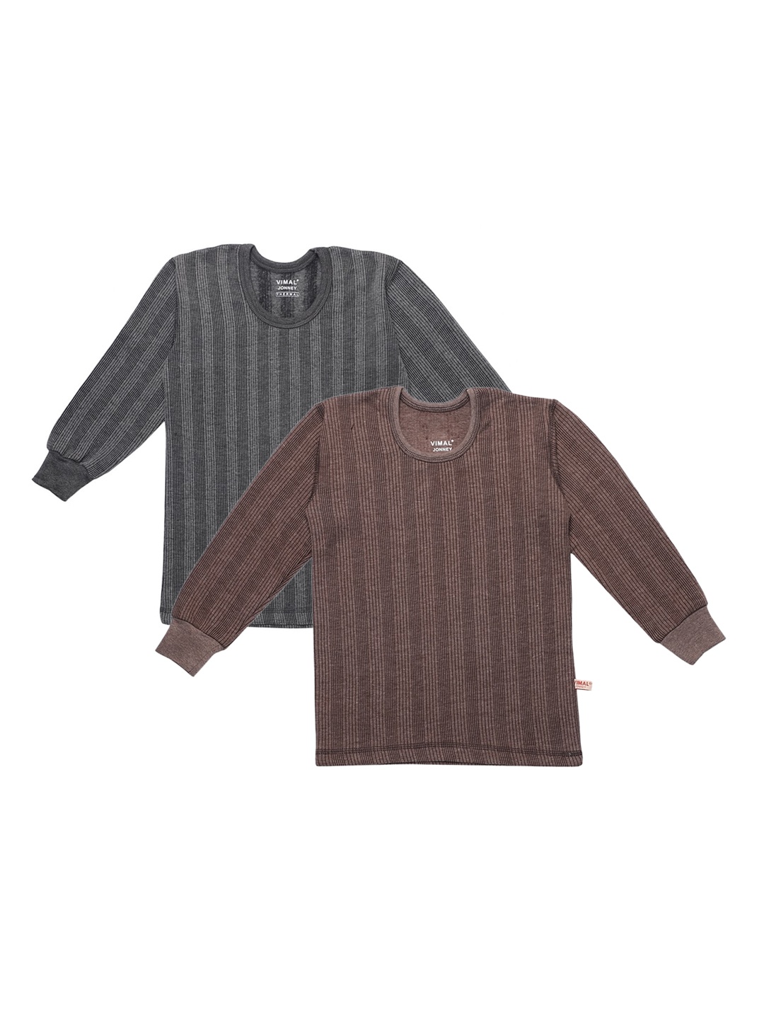 

VIMAL JONNEY Kids Pack Of 2 Brown & Charcoal Grey Self-Striped Thermal T-Shirts