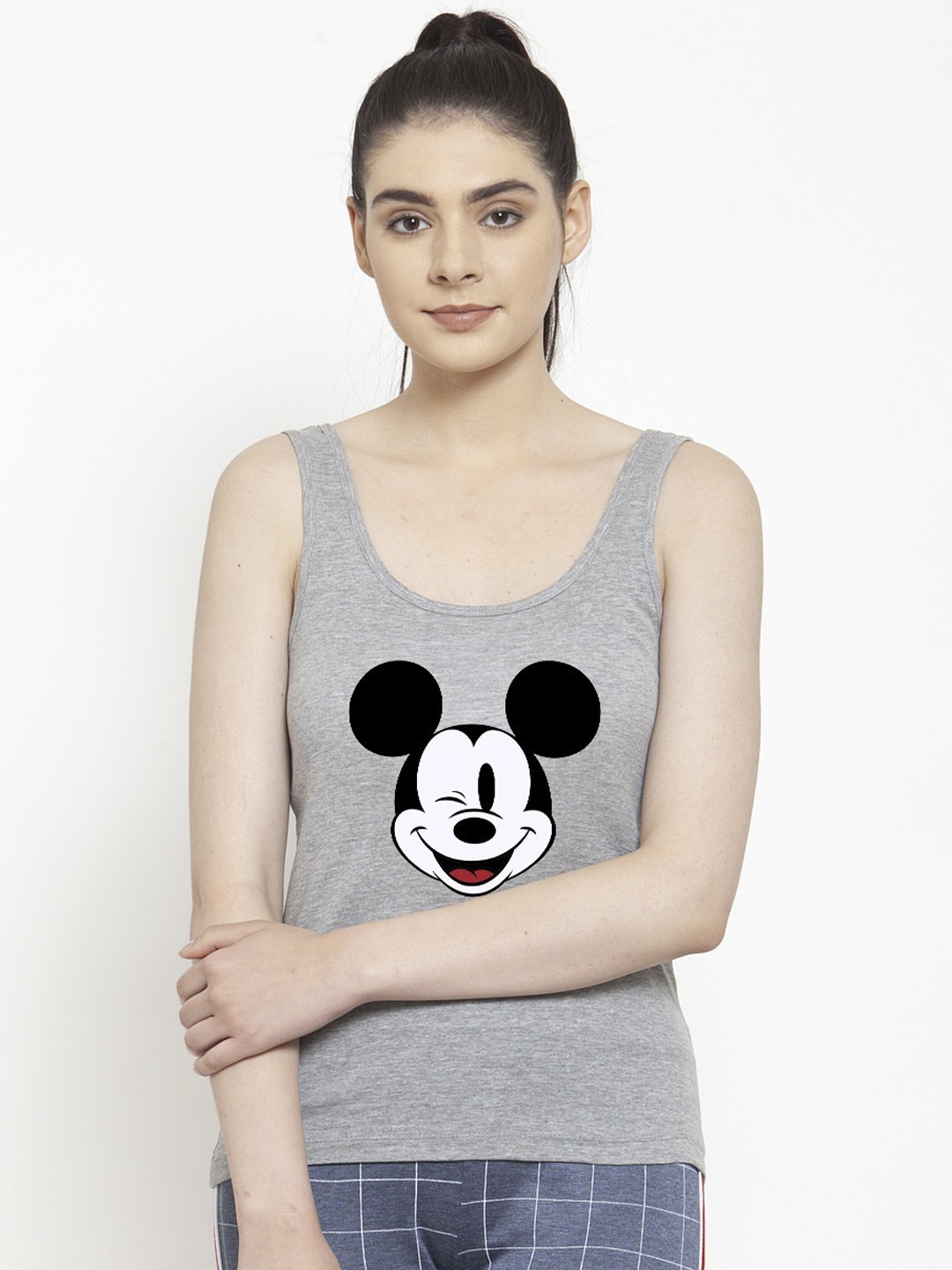 

Friskers Women Grey & Black Mickey Mouse Printed Tank Pure Cotton Top