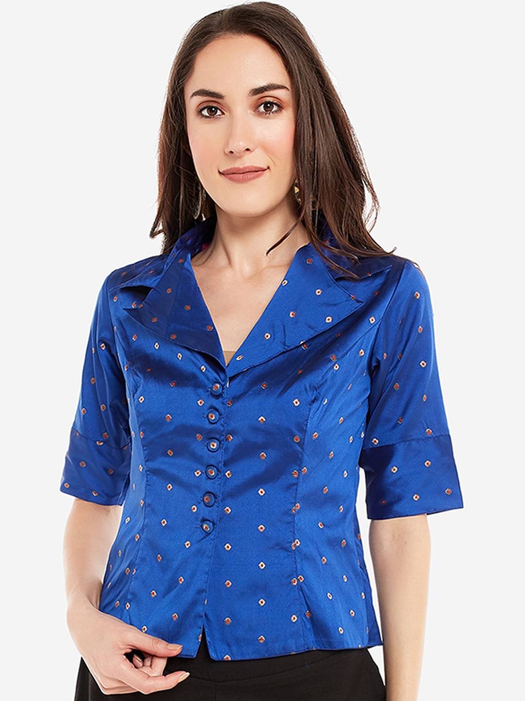 

Desi Weavess Women Blue Self Design Shirt Style Top