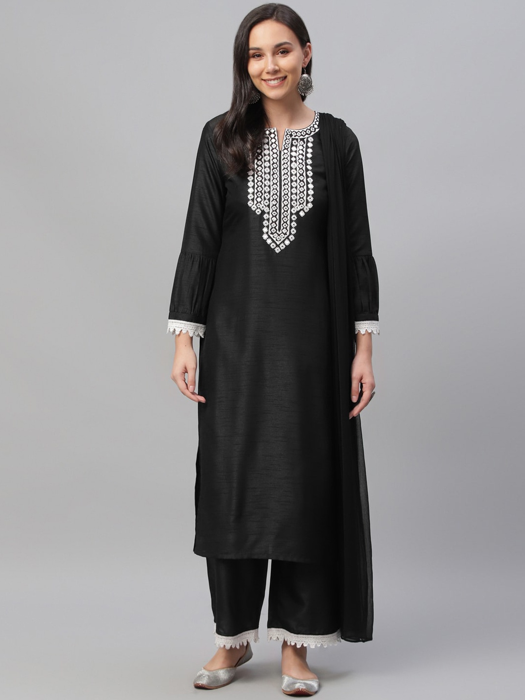 

Libas Women Black & White Solid Kurta with Palazzos & Dupatta