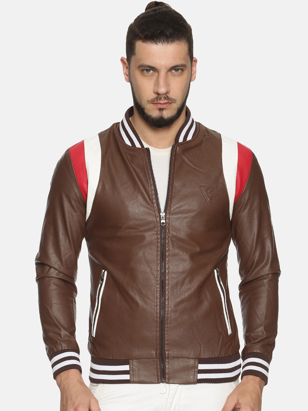 

SHOWOFF Men Brown Colourblocked Biker Jacket