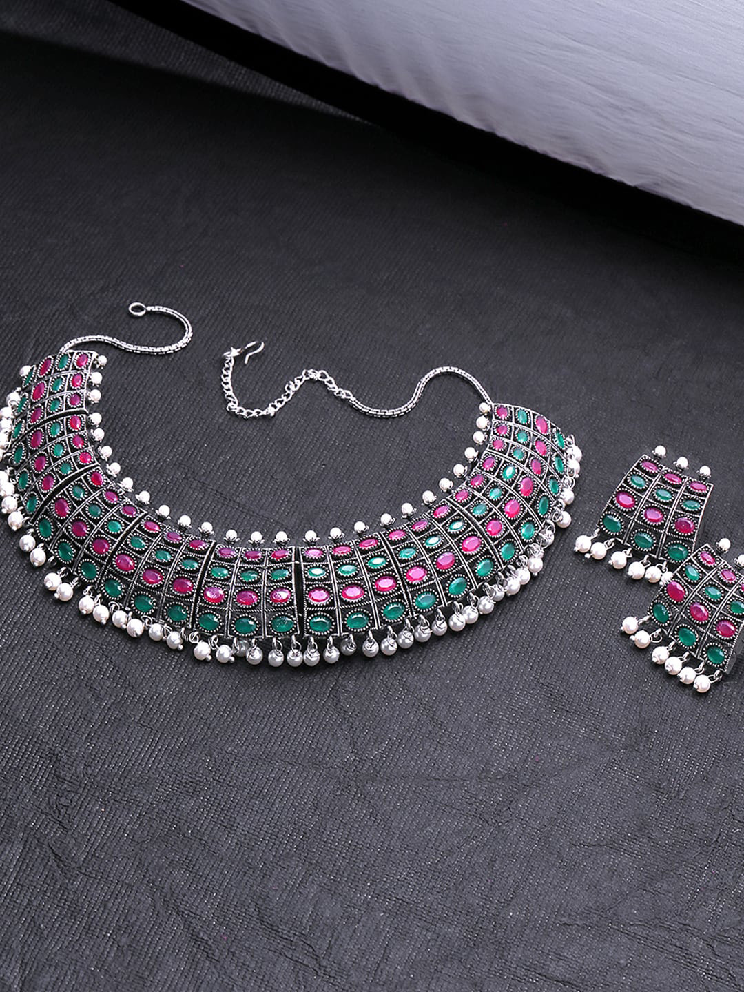 

Yellow Chimes Women Green & Pink Stones Studded Silver-Plated Choker Oxidised Necklace Set