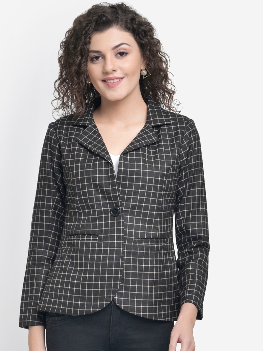 Martini Women Black & White Checked Single-Breasted Formal Blazer