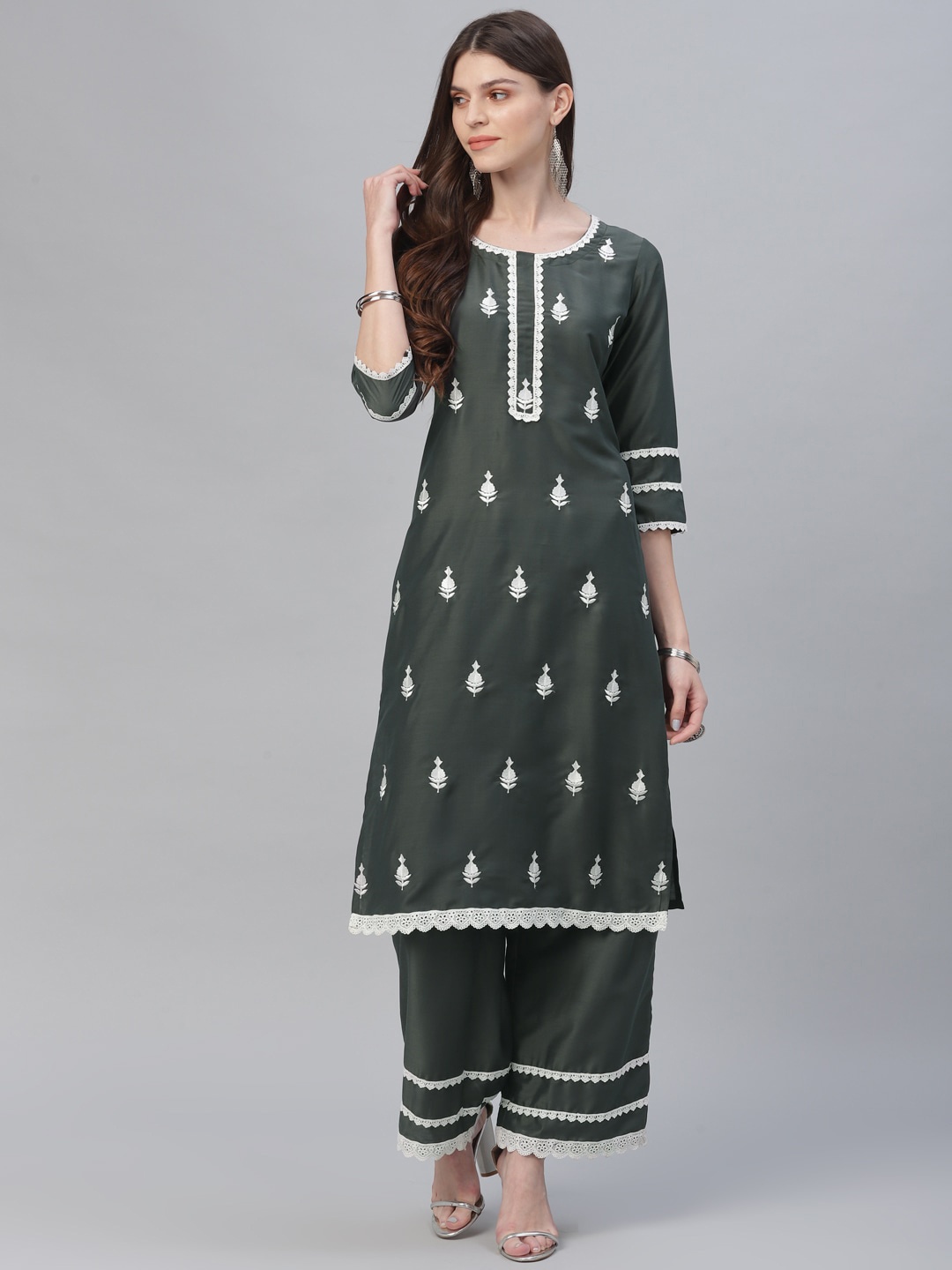 

Libas Women Grey & White Embroidered Kurta with Trousers