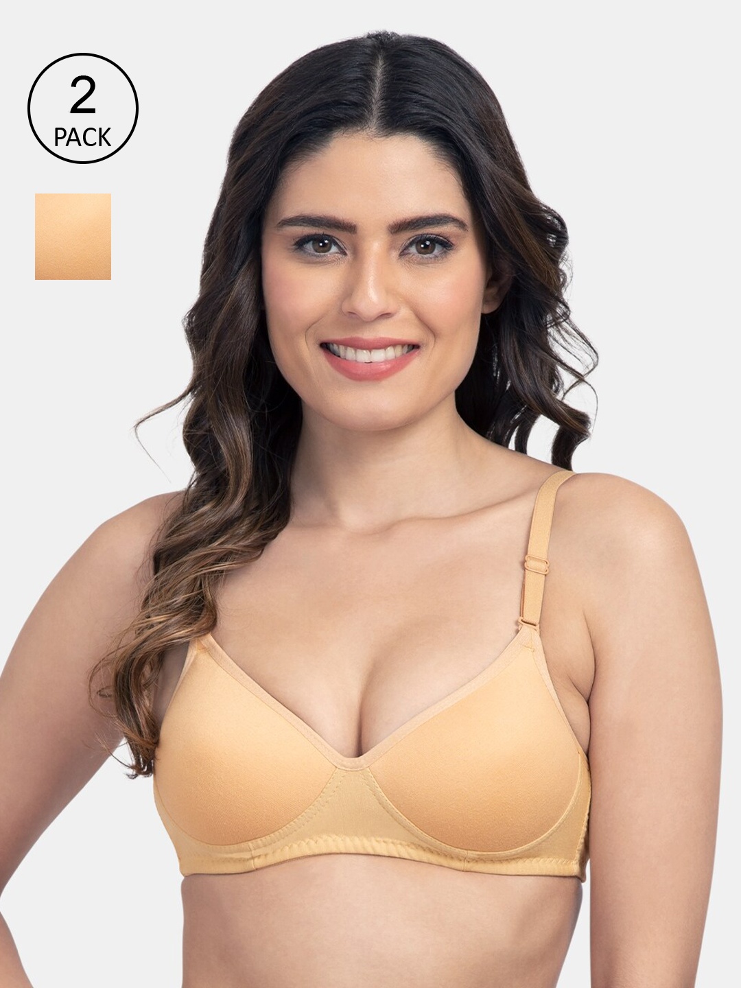 

KOMLI Pack Of 2 Solid Non-Wired Lightly Padded Everyday Bra K-9555-2PC-SK, Beige