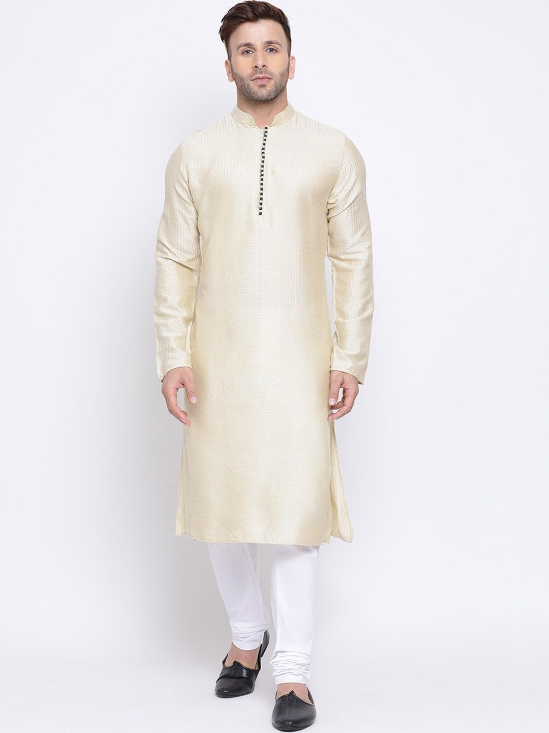 

NAMASKAR Men Cream-Coloured Jacquard Self Design Straight Kurta