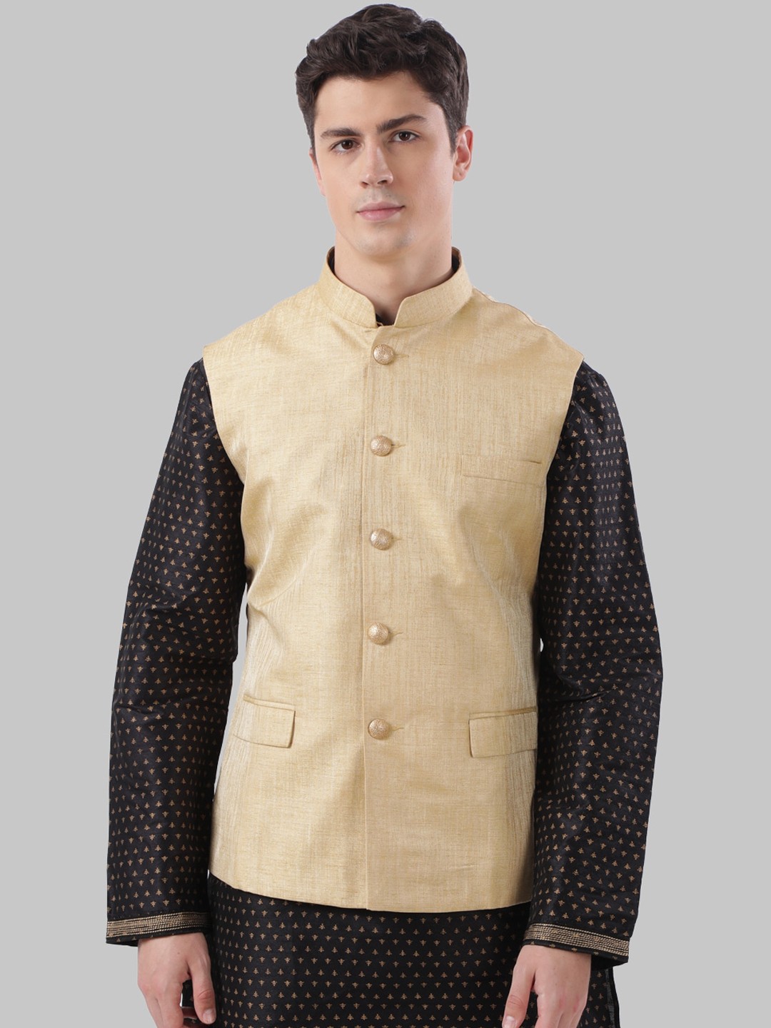 

Ethnix by Raymond Men Beige Solid Pure Cotton Nehru Jacket