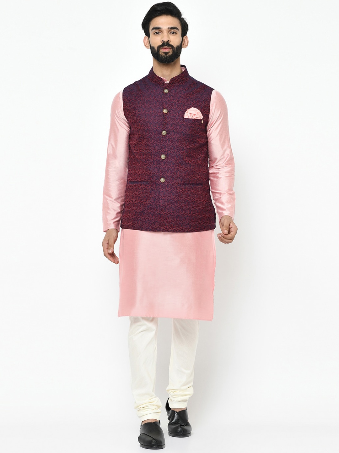 

KISAH Men Pink & White Solid Kurta with Pyjamas With Nehru Jacket