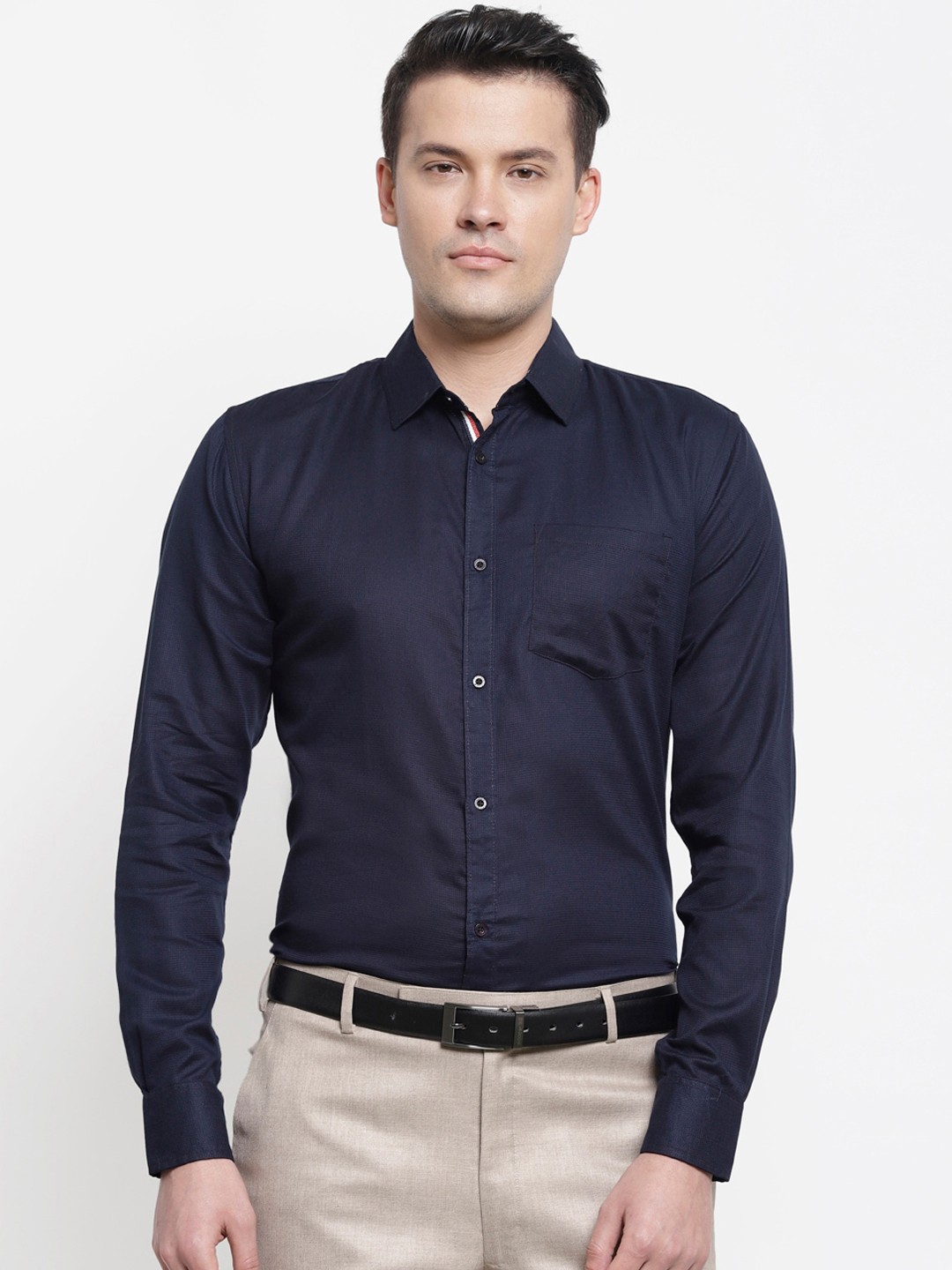 

cape canary Men Navy Blue Regular Fit Self Design Formal Shirt