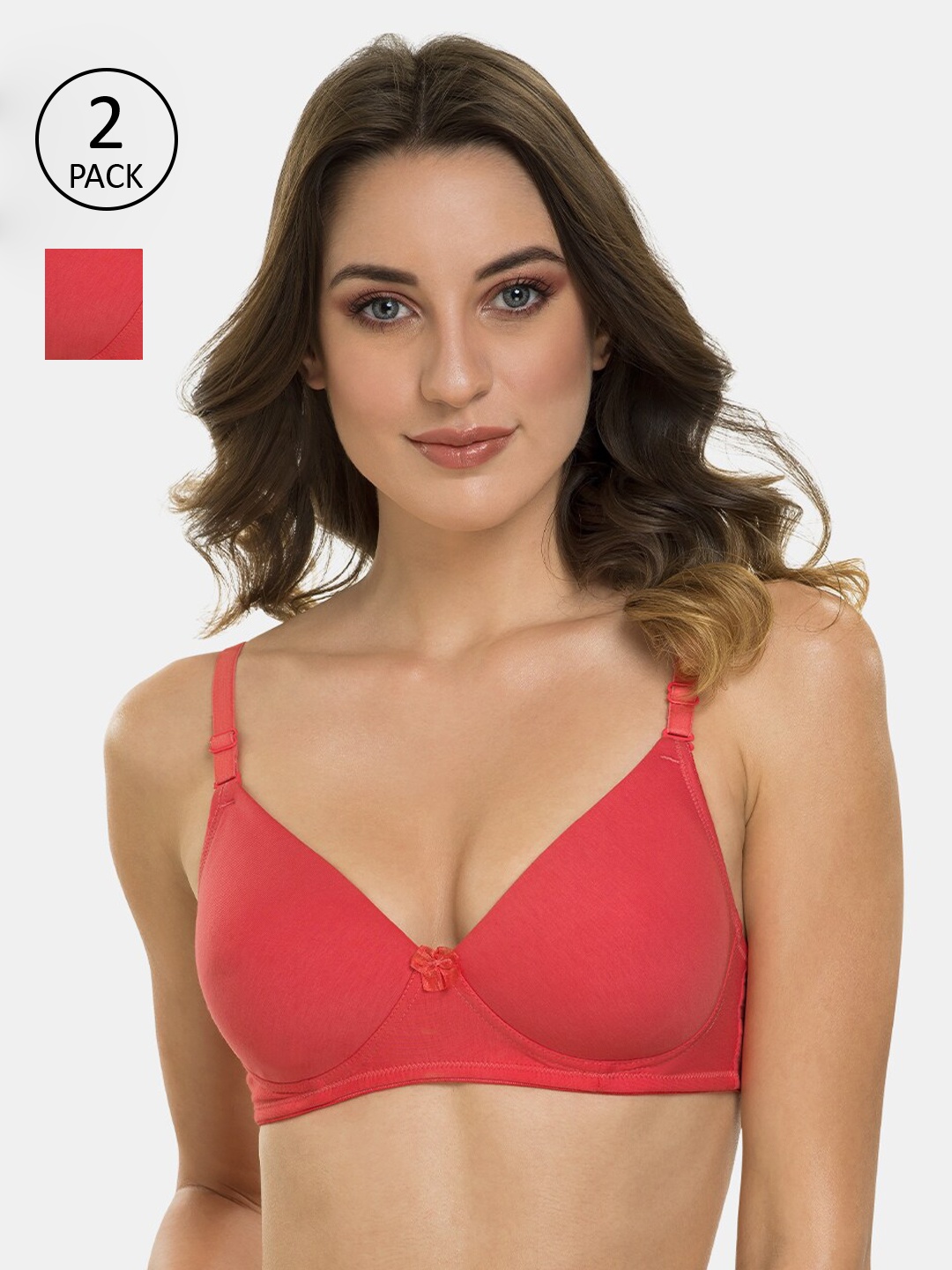 

Tweens Pack of 2 Coral Red Solid Non-Wired Lightly Padded Everyday Bra TWL-3001