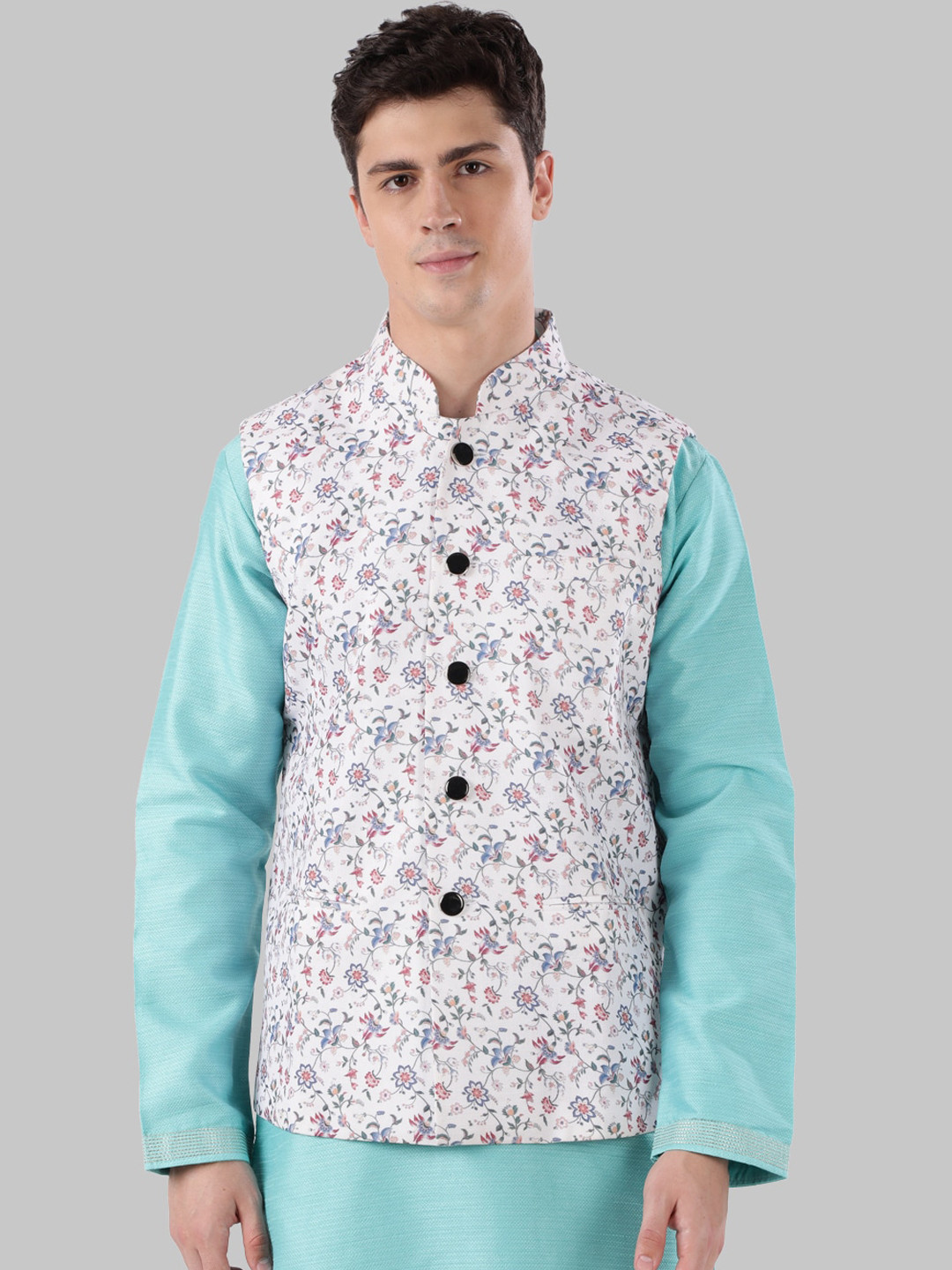 

Ethnix by Raymond Men White Floral Printed Pure Cotton Nehru Jacket