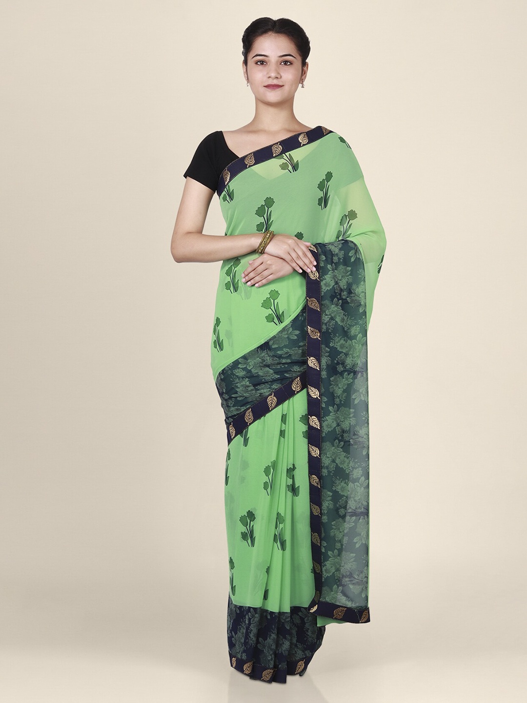 

CLAI WORLD Green & Navy Blue Poly Georgette Printed Saree