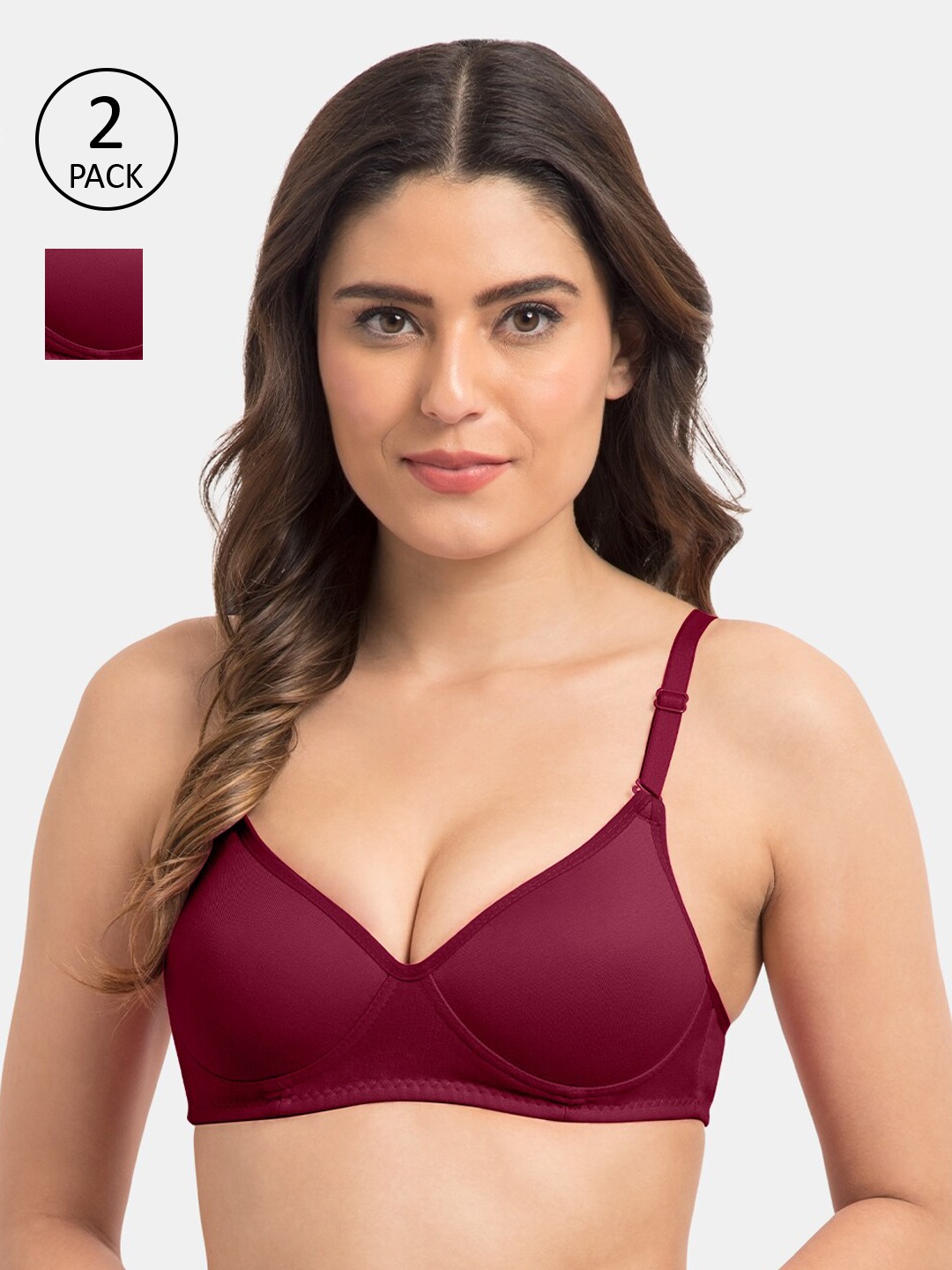 

KOMLI Pack of 2 Solid Non-Wired Lightly Padded Everyday Bra K-9555, Burgundy