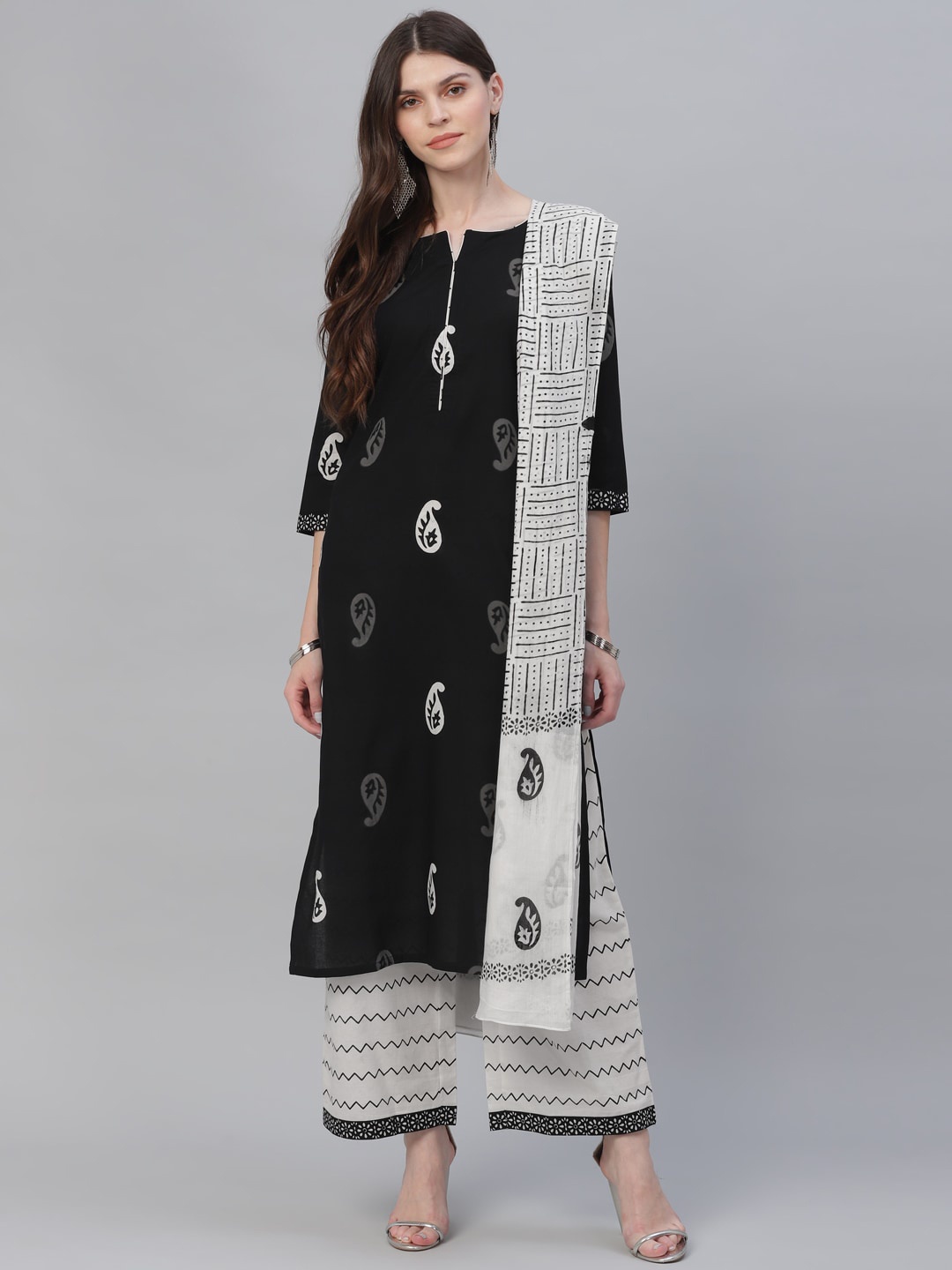 

Libas Women Black & White Printed Kurta with Palazzos & Dupatta