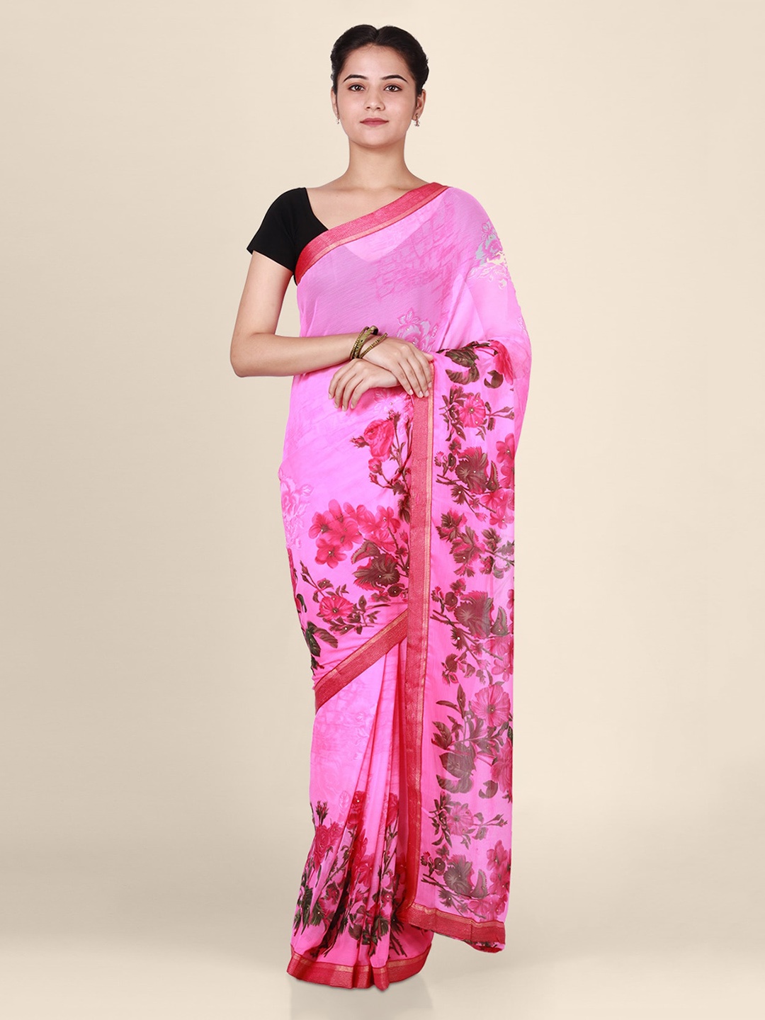 

CLAI WORLD Pink & Red Poly Georgette Printed Handloom Saree