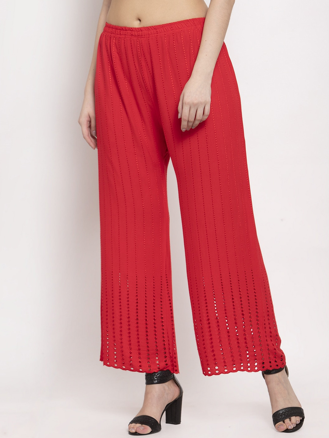 

Miaz Lifestyle Women Red Self Design Straight Palazzos