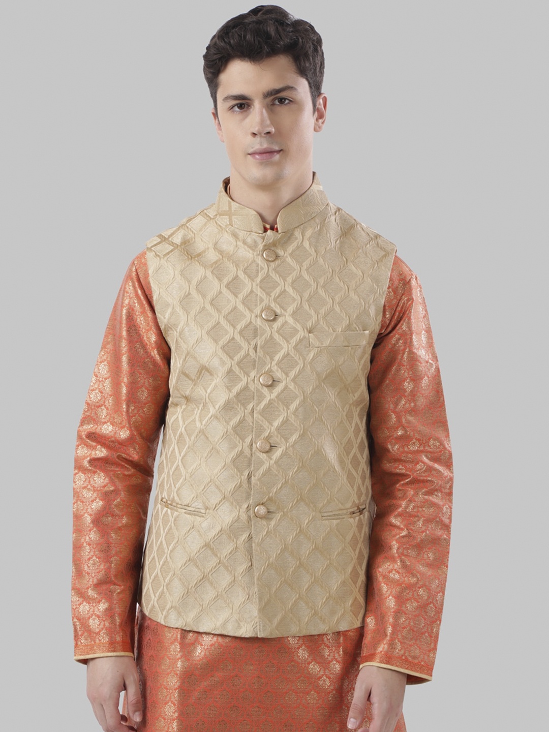 Ethnix by Raymond Men Beige Woven Design Pure Cotton Nehru Jacket