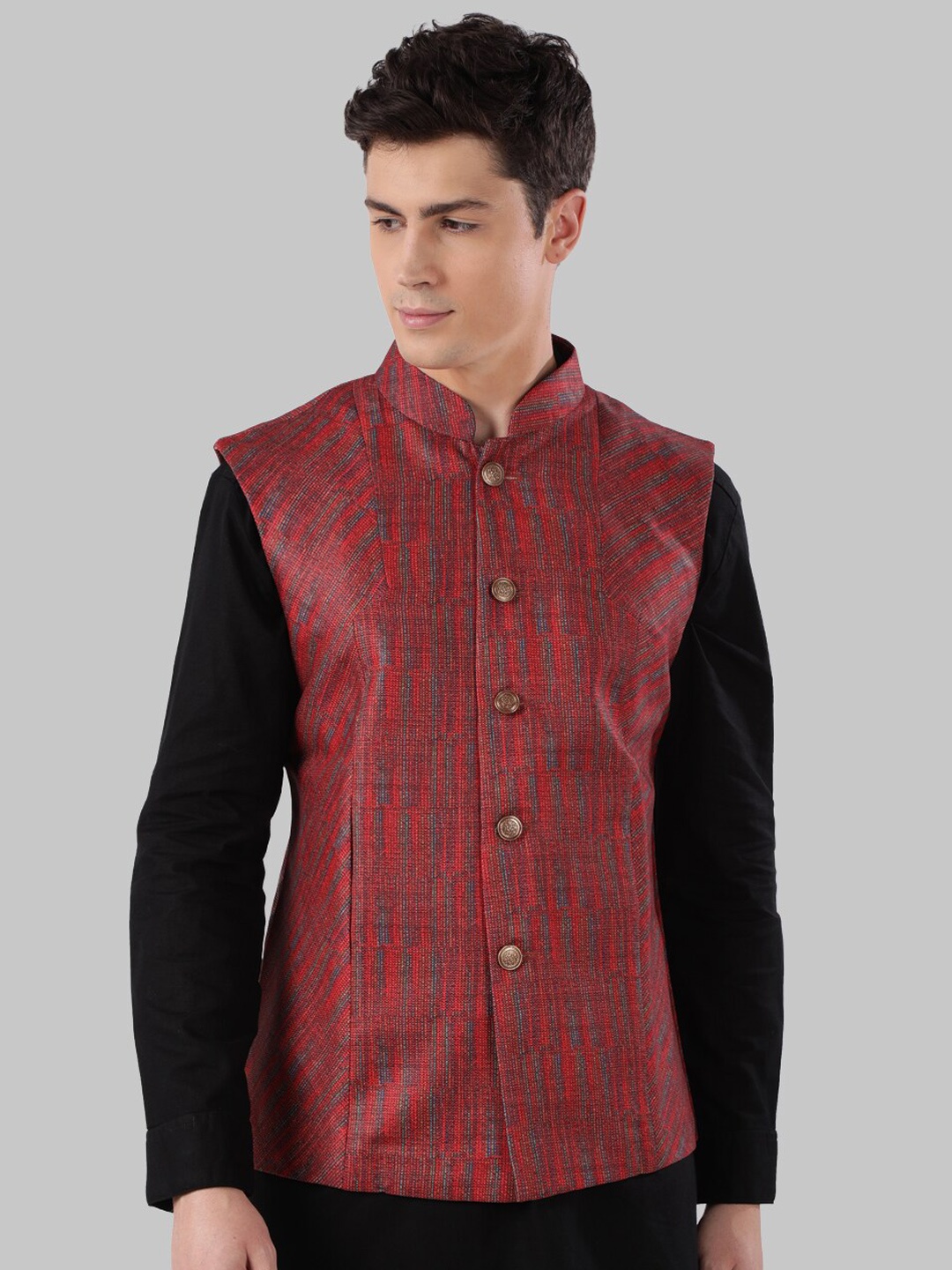

Ethnix by Raymond Men Red Striped Nehru Jacket