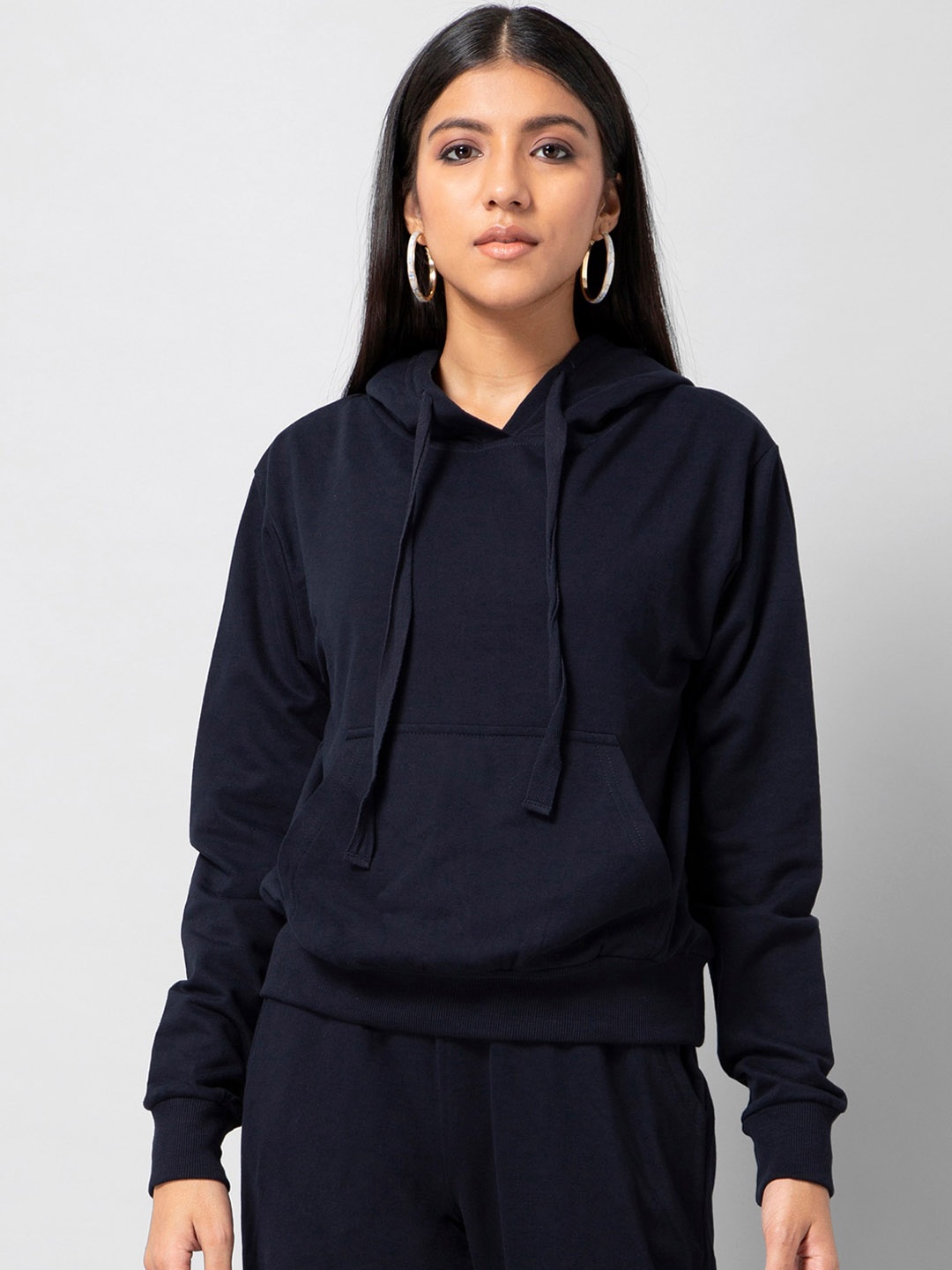 

FabAlley Women Navy Blue Solid Hooded Sweatshirt