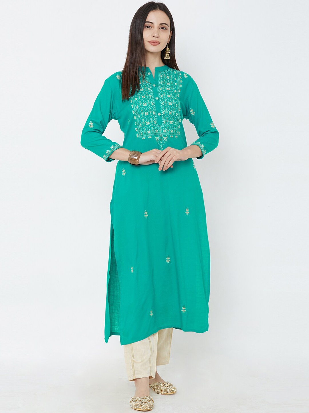 

FASHOR Women Sea Green Embroidered A-Line Kurta