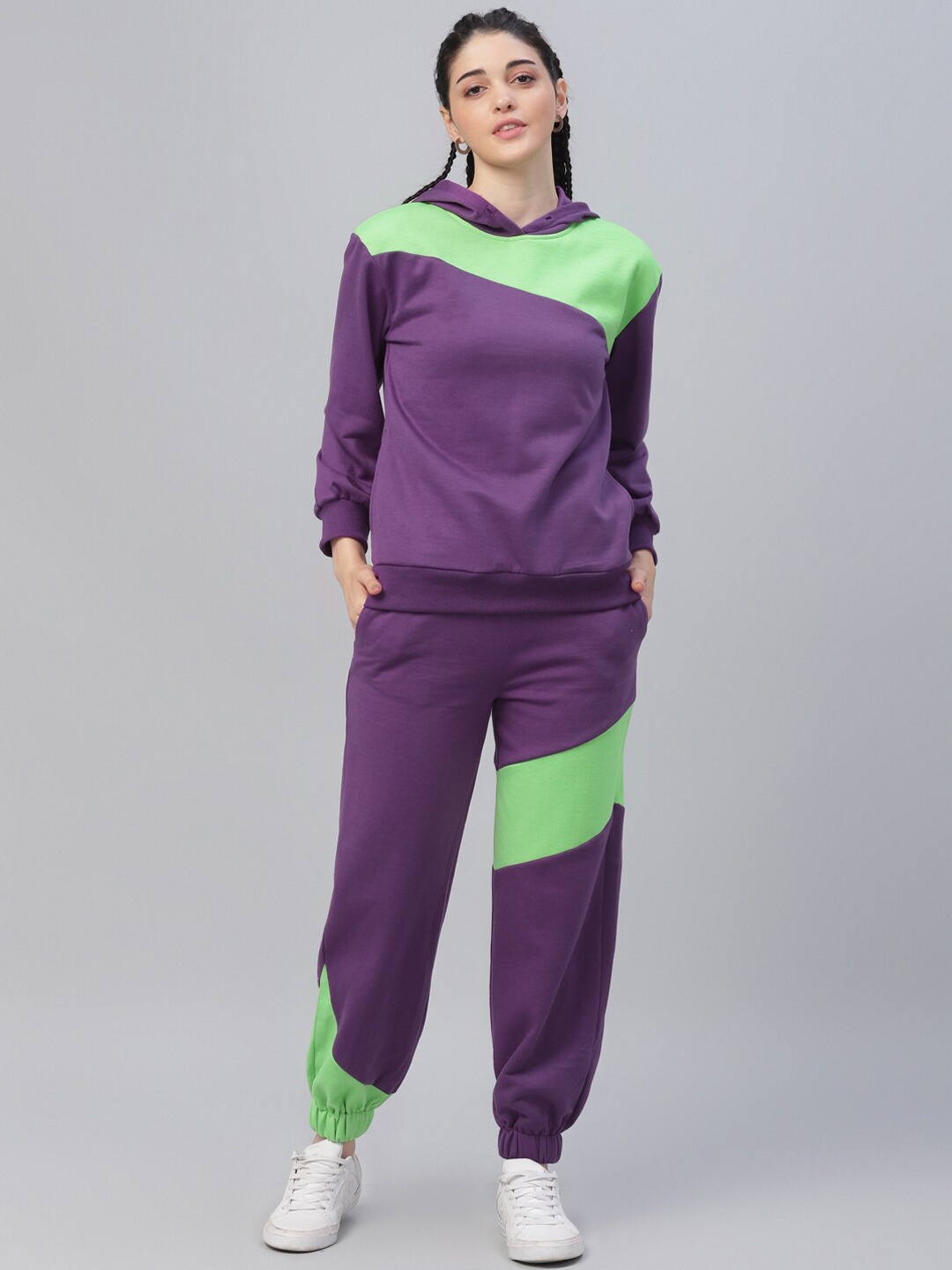 

Athena Women Purple & Lime Green Colourblocked T-shirt with Pyjamas