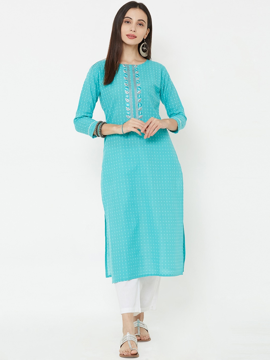 

FASHOR Women Turquoise Blue Printed Straight Kurta