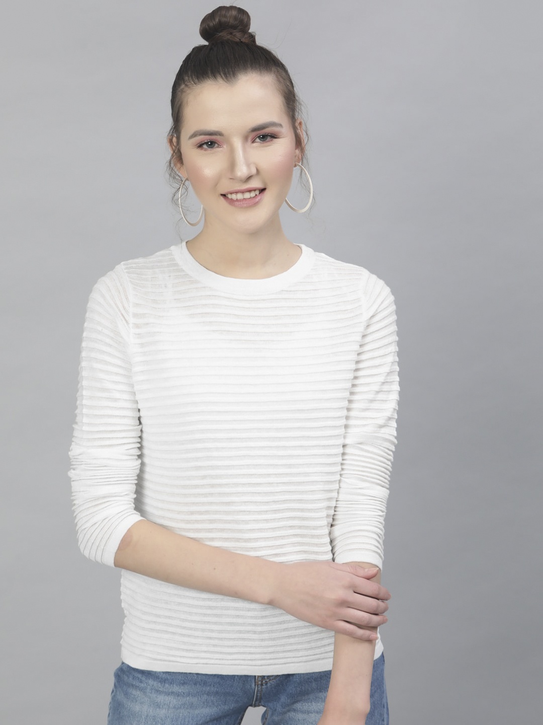 

STREET 9 Women White Striped Sweatshirt