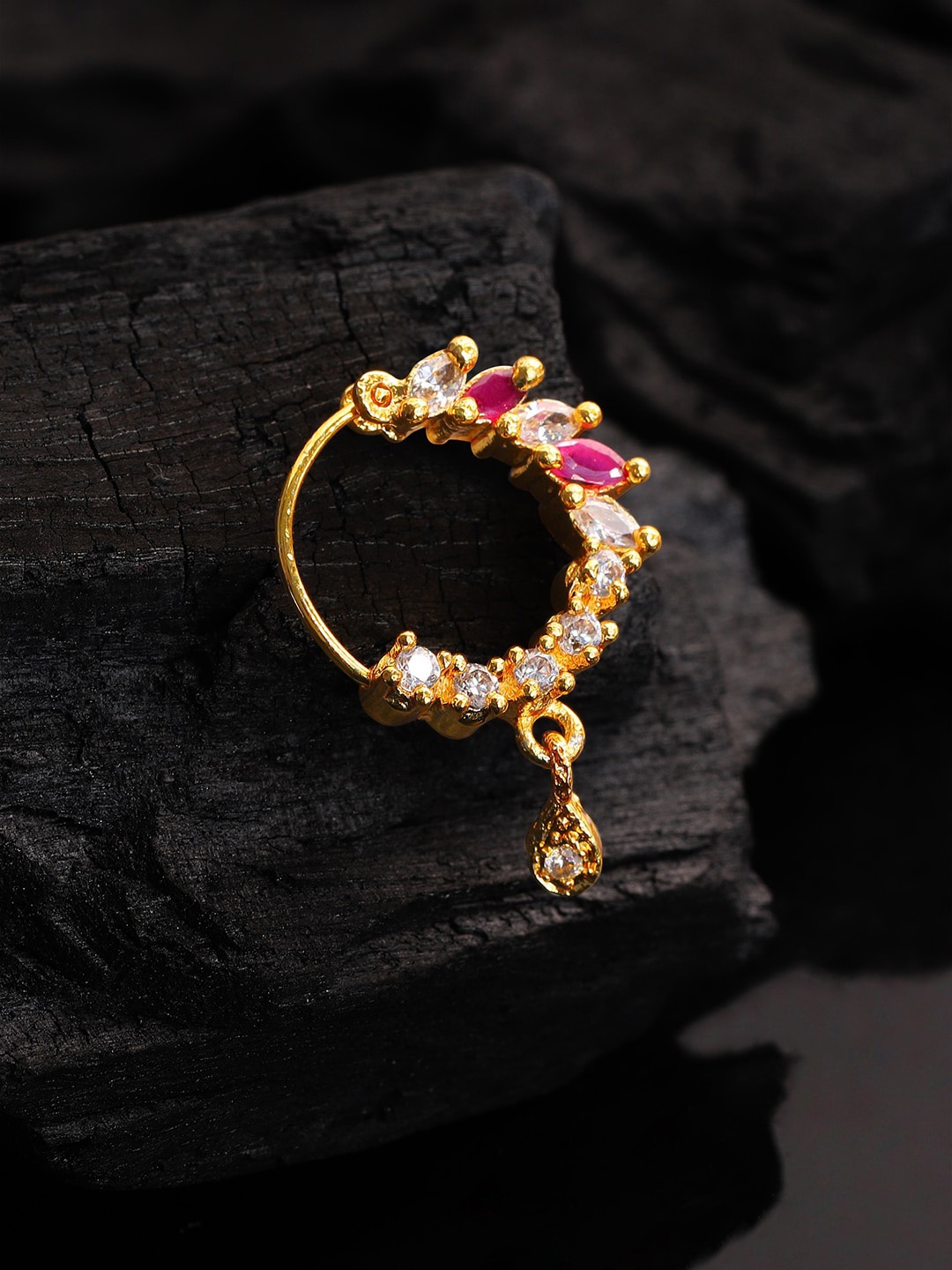 

Rubans Gold-Plated Magenta & White Stone-Studded Nose Pin