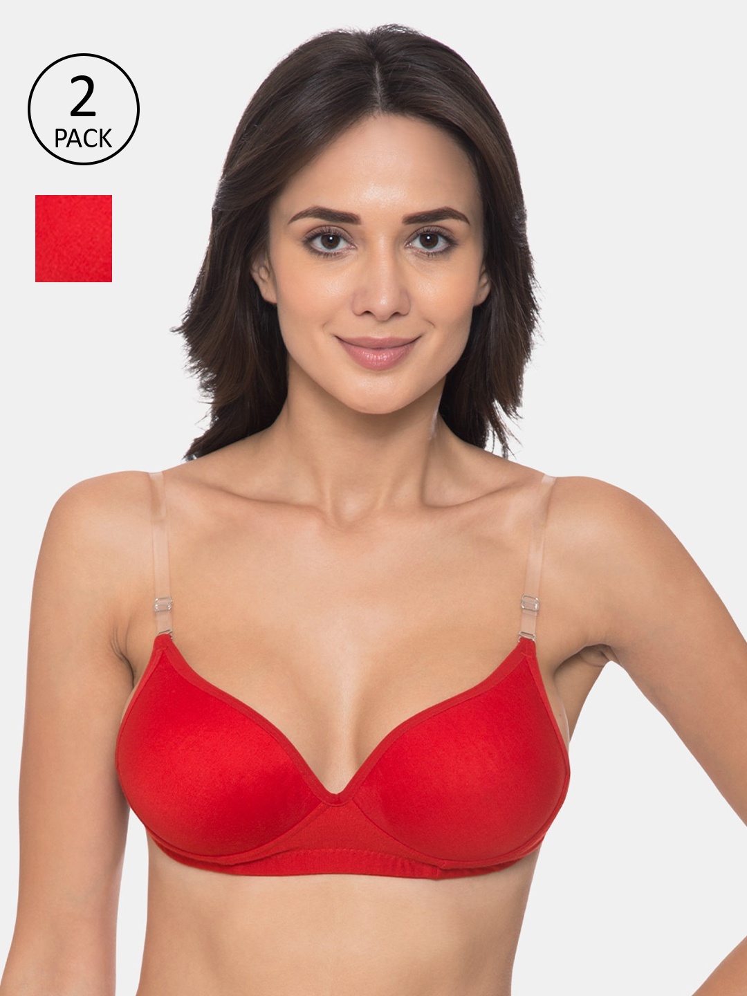 

KOMLI Pack Of 2 Red Solid Non-Wired Heavily Padded Everyday Bra K-523-2PC-RD-30B