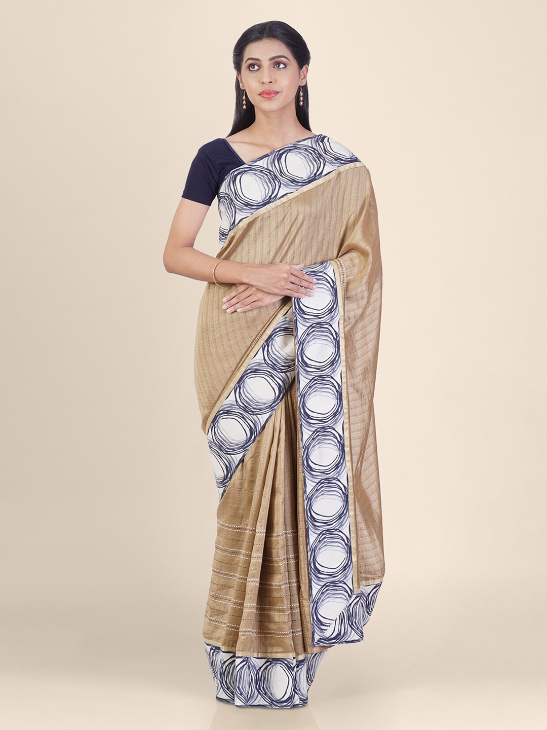 

Hastakala Brown & White Silk Blend Striped Saree