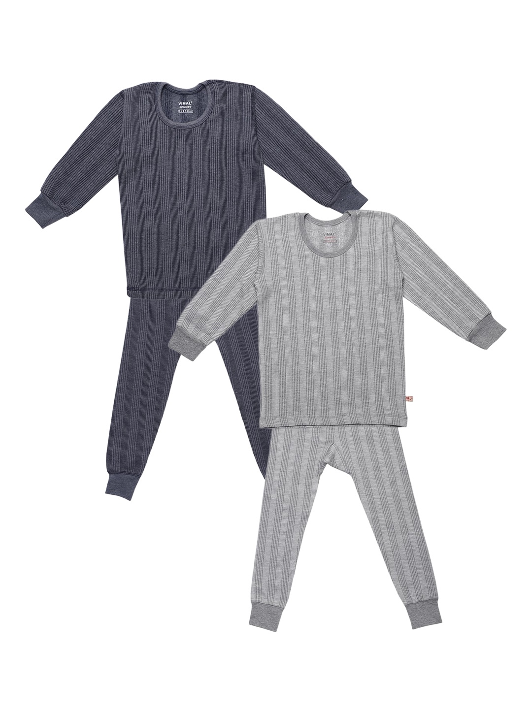 

VIMAL JONNEY Kids Pack of 2 Striped Thermal Top and Bottom Set, Grey