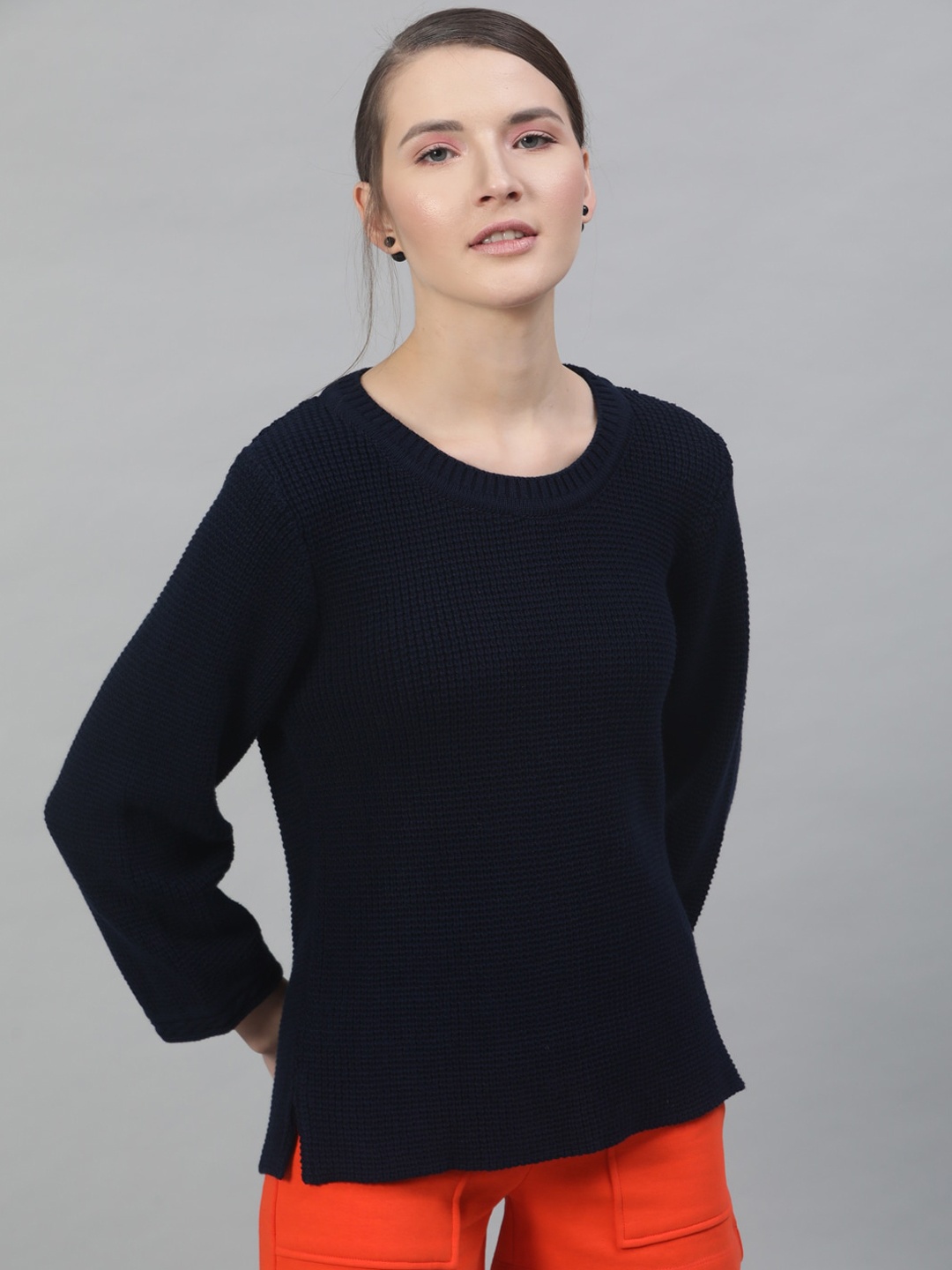 

STREET 9 Women Acrylic Navy Blue Ribbed Pullover Sweater