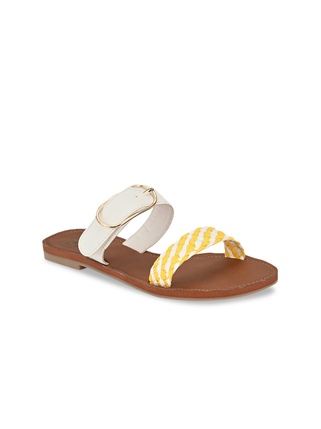 

Zebba Women White & Yellow Textured Open Toe Flats