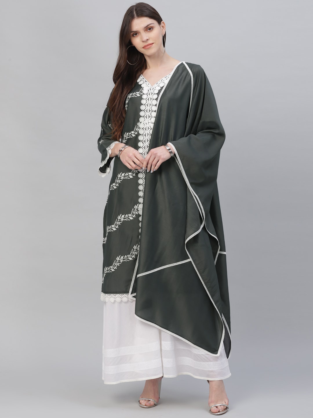 

Libas Women Grey & Off-White Embroidered Kurta with Palazzos & Dupatta