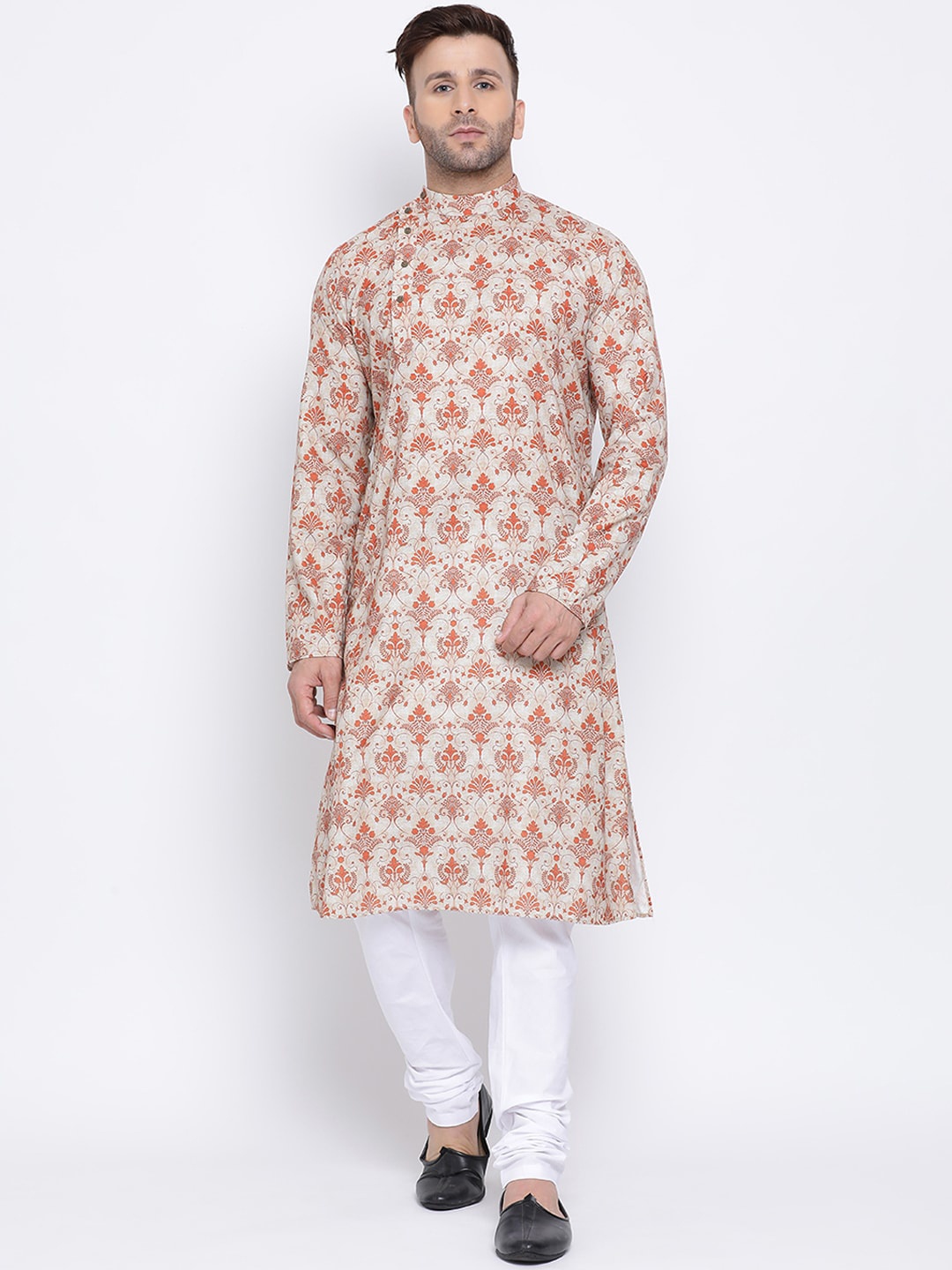 

NAMASKAR Men Beige & Orange Printed Cotton Linen Kurta