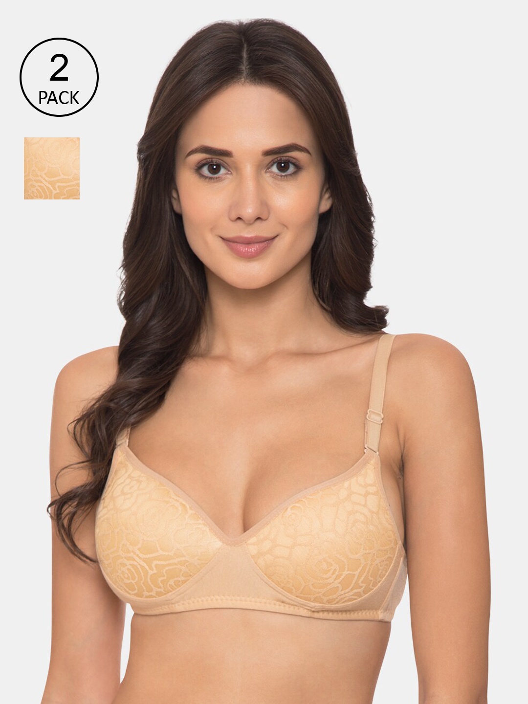 

KOMLI Beige Self Design Non-Wired Lightly Padded T-shirt Bra