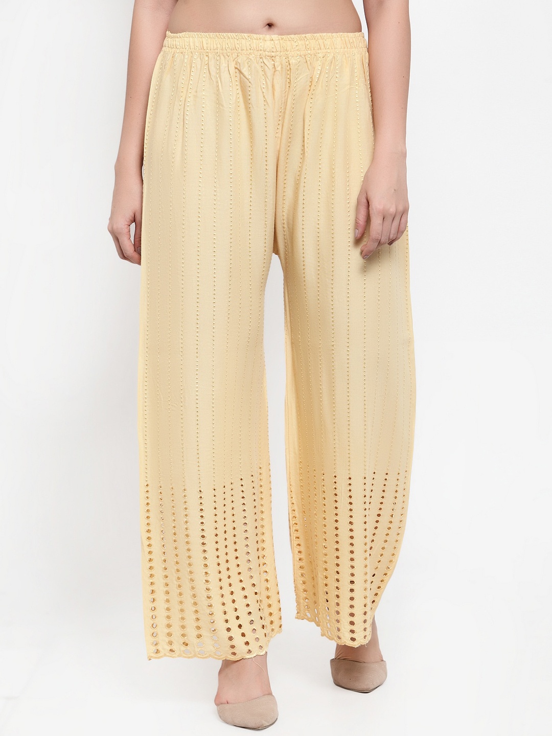 

Miaz Lifestyle Women Beige Embroidered Straight Palazzos