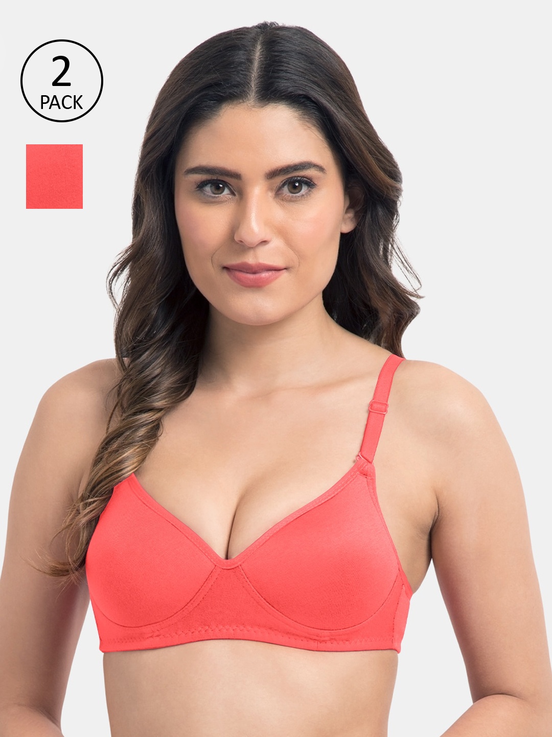 

KOMLI Pack Of 2 Coral Red Solid Non-Wired Lightly Padded Everyday Bra K-9555-2PC-CRL-28B