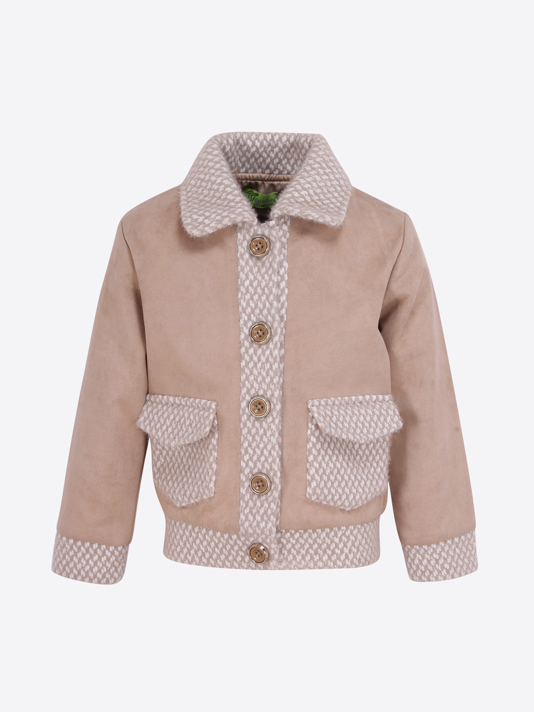 

CUTECUMBER Girls Beige Woven-Design Suede Overcoat