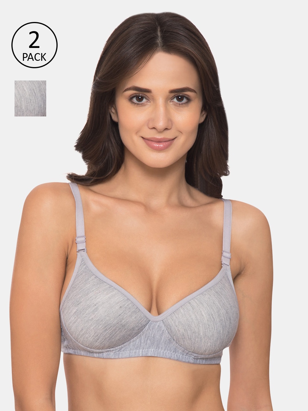 

KOMLI Grey Pack Of 2 Solid Non-Wired Lightly Padded Everyday Bra K-533-2PC-GREY-30B